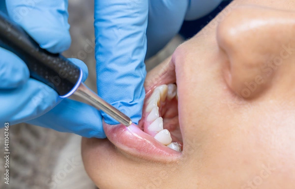 Obraz An extreme close-up, macro-style photograph showing a dental procedure inside a patient's open mouth