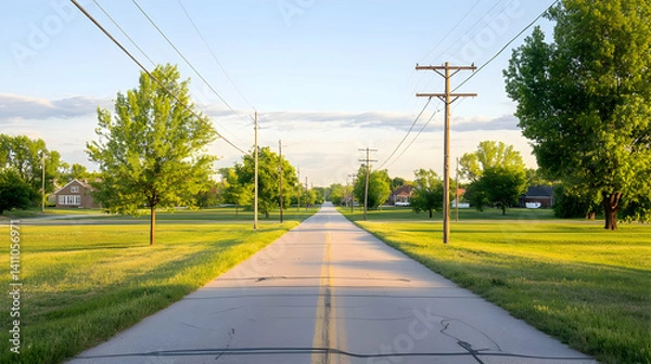 Fototapeta Empty Country Road Lined With Trees Under Sunny Sky