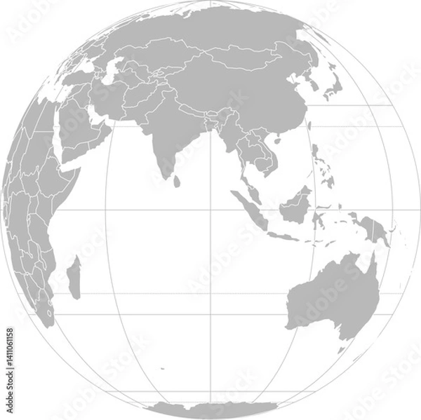 Fototapeta World vector map with country boundaries and graticules (Eastern hemisphere, orthographic projection, PPT-compatible & fully editable)
