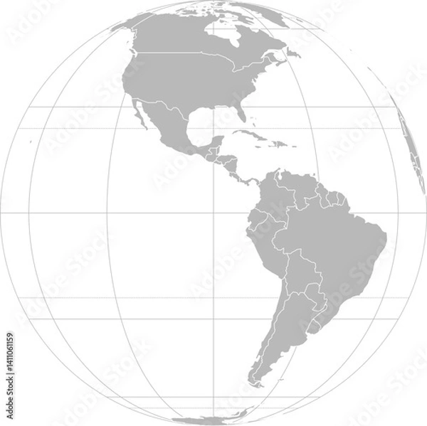 Fototapeta World vector map with country boundaries and graticules (Western hemisphere, orthographic projection, PPT-compatible & fully editable)