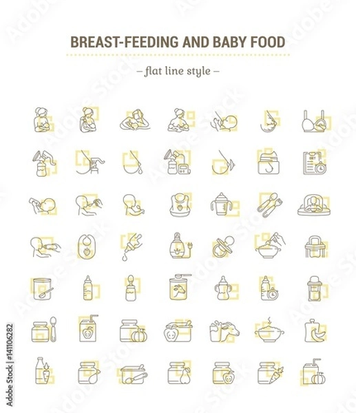 Fototapeta Vector graphic set. Icons in flat, contour, thin, minimal and linear design.Breastfeeding, motherhood, natural nutrition of the newborn.Concept illustration for Web site, app.Sign,symbol,element.