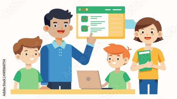 Fototapeta A boy proudly shows off the code hes written for his homework assignment to his friends explaining how he solved the problem.. Vector illustration