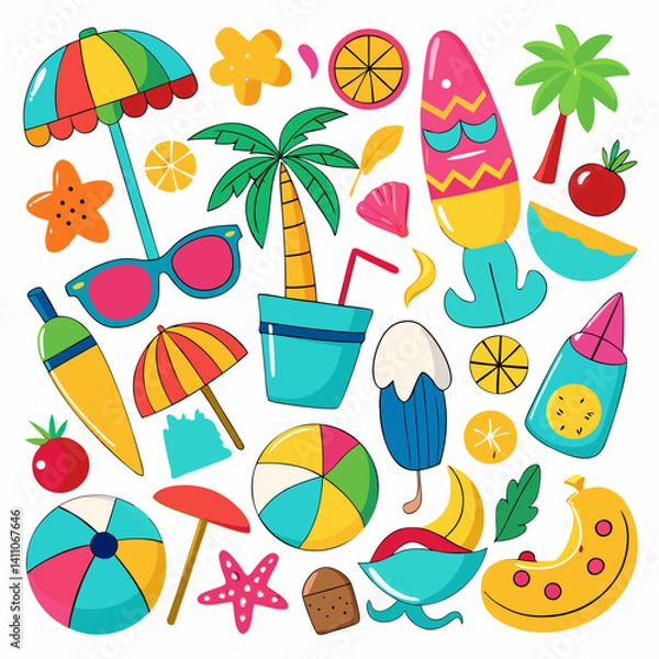 Fototapeta Minimalist Summer Beach Icon Set Different Colorful And Silhouette Style On A White Background