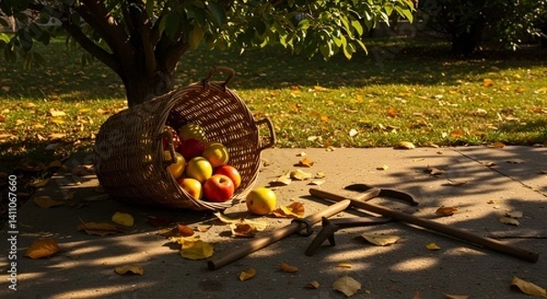 Fototapeta Freshly Picked Apples in a Wicker Basket on a Fall Day