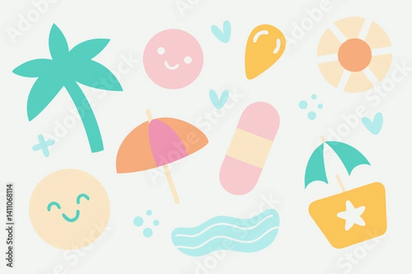 Fototapeta Minimalist Summer Beach Icon Set Different Colorful And Silhouette Style On A White Background