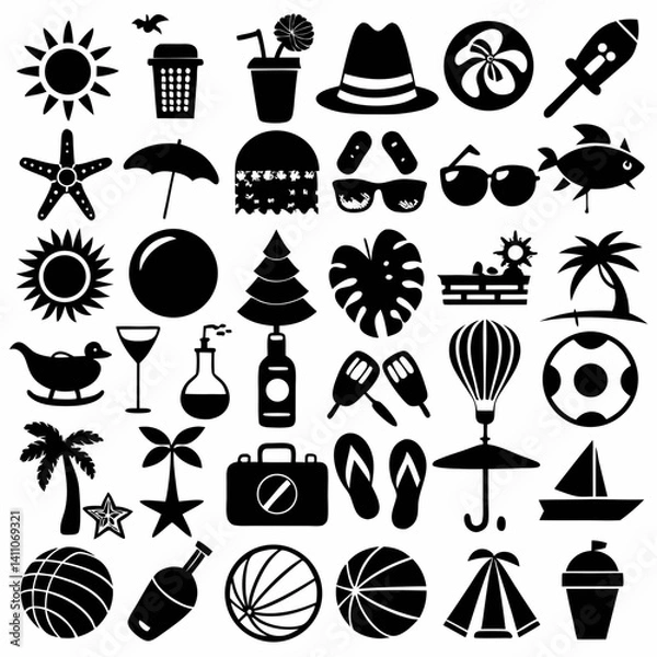 Fototapeta Minimalist Summer Beach Icon Set Different Colorful And Silhouette Style On A White Background