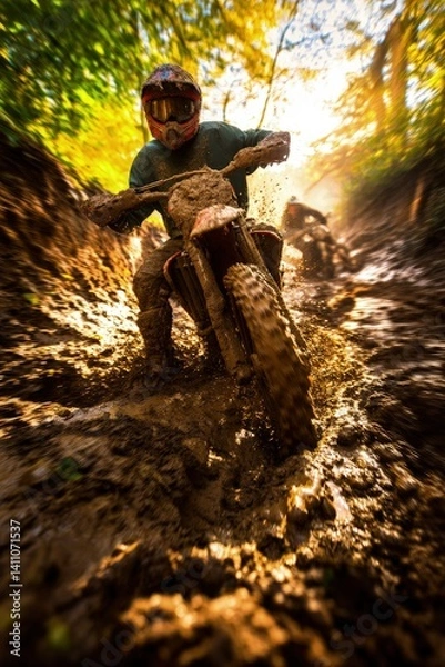 Obraz Motocross Rider Splashing Through Mud in a Forest