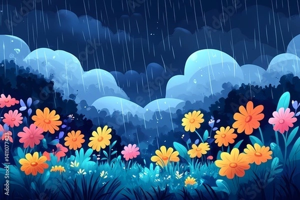 Obraz Colorful Flowers in a Rainy Night. Whimsical Botanical Digital Artwork
