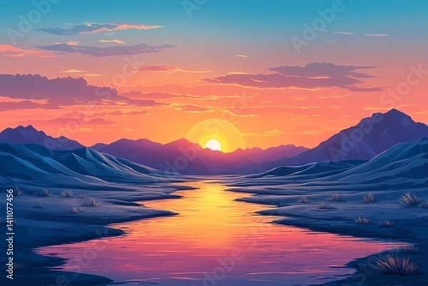 Fototapeta Vibrant Sunset over Tranquil Desert Landscape with Colorful Reflection - Atmospheric Digital Art