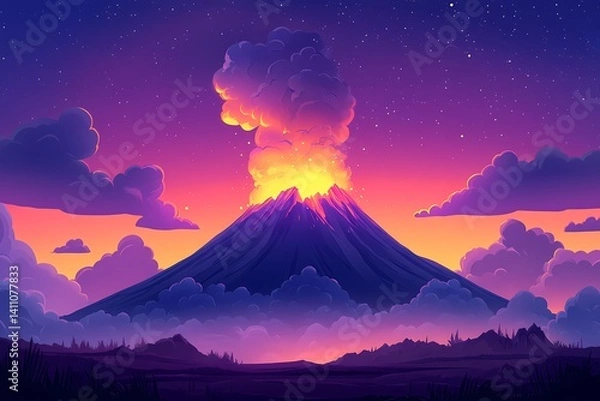 Obraz Epic Volcano Eruption. Stunning Night Sky Landscape with Vibrant Colors and Dramatic Atmosphere