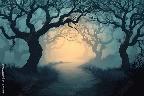 Fototapeta Eerie Forest Pathway in Misty Wilderness. A Mysterious Adventure in Nature's Spooky Landscape