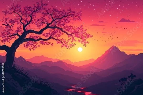 Obraz Sunset Over Mountains Landscape. Vibrant Digital Art Illustration of Serene Nature Scenery with Peaceful River and Silhouetted Trees