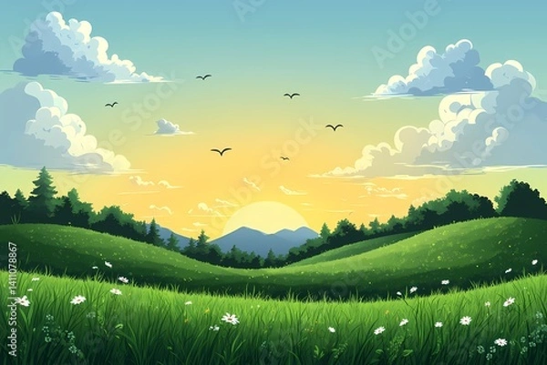 Obraz Serene Sunset Landscape Illustration. Vibrant Sky, Green Fields, and Majestic Mountains in a Tranquil Rural Setting