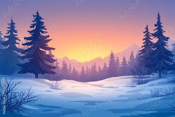 Fototapeta Enchanting Winter Wonderland. Serene Snow-Covered Landscape at Twilight