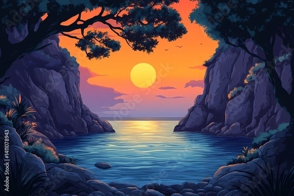 Obraz Tropical Sunset over Serene Ocean Bay. Vibrant Sunset Reflection in Nature Illustration Artwork