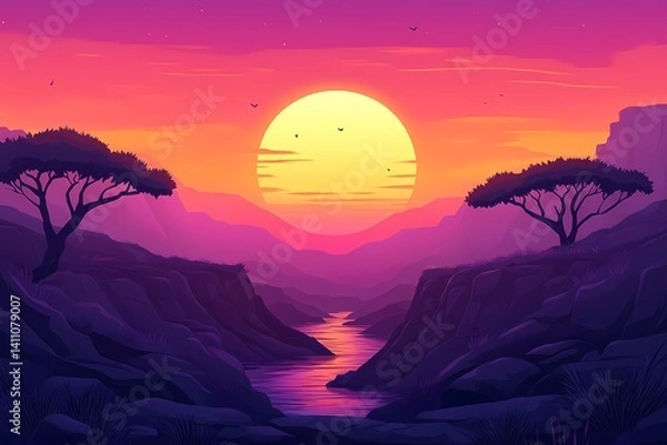 Obraz Vibrant Sunset Landscape Illustration with Silhouettes of Mountains and Valley - Majestic Nature Scene at Dusk