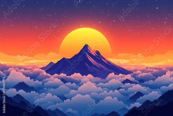 Fototapeta Majestic Mountain Sunset. Vibrant Digital Art Landscape Featuring Serene Nature Scenery and Twilight Colors