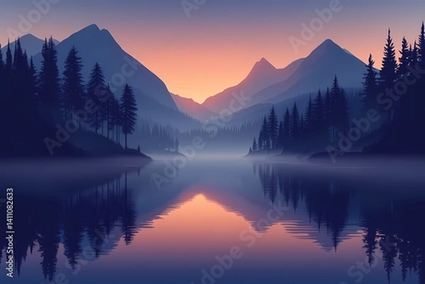 Fototapeta Tranquil Mountain Lake at Sunset. Serene Reflection of Misty Nature