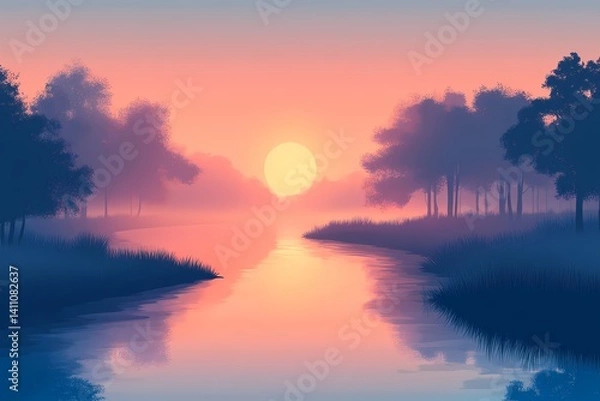 Fototapeta Serene Evening Landscape. Tranquil River Sunset with Vibrant Sky Reflection