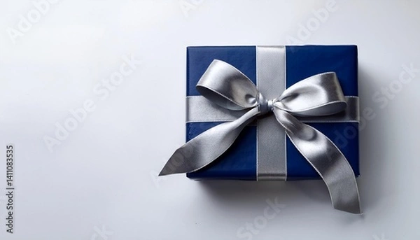 Fototapeta Navy Gift Box with Silver Ribbon on White Background. Top View of Father Day Gifts with Copy Space