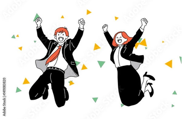 Obraz ジャンプして喜ぶスーツ男女　紙吹雪