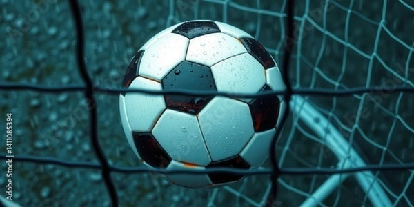 Fototapeta Soccer ball in net on wet field.