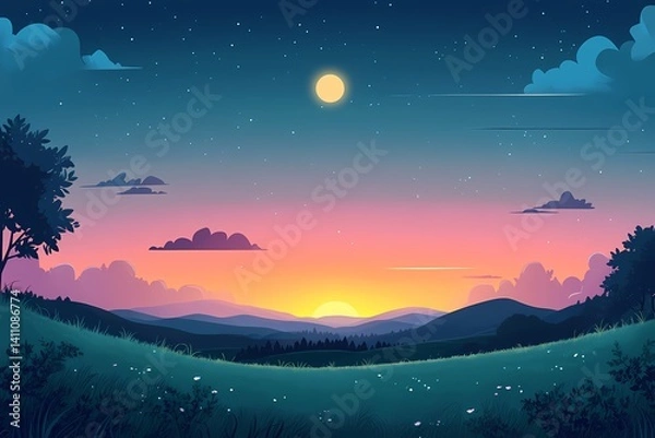 Obraz Tranquil Sunset Fantasy: Vibrant Colors of a Scenic Mountain Landscape in Digital Art