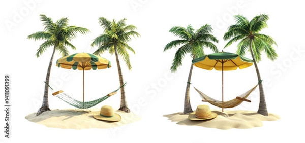 Obraz Tropical Paradise with Hammocks and Umbrellas Under Palm Trees