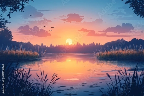 Fototapeta Serene Sunset Lake Reflection. Colorful Tranquil Nature Scenery with Silhouettes and Vibrant Evening Sky