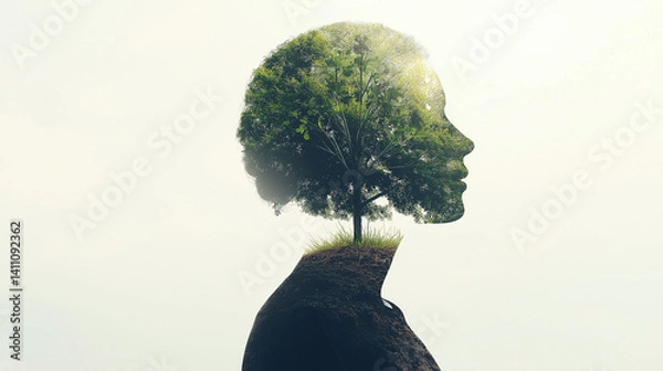 Fototapeta Woman and Nature: A double exposure image of a woman's profile, seamlessly blended with a lush green tree growing from soil, symbolizing the deep connection between humanity and nature.