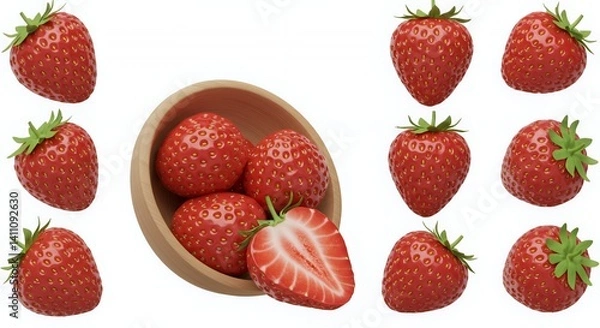 Obraz Isometric 3D Rendering of Red Strawberries in Wooden Bowl on White Background
