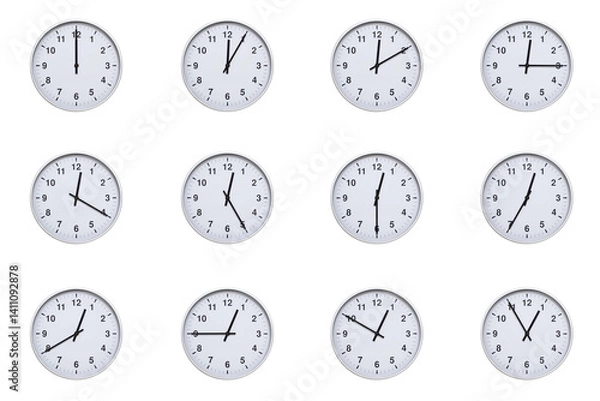 Obraz Set of wall clocks with silver frames and clean white faces, each displaying time at 5 minute intervals from 00:00 to 00:55 or 12:00 to 12:55. Ideal for visualizing concepts like time tracking, routin