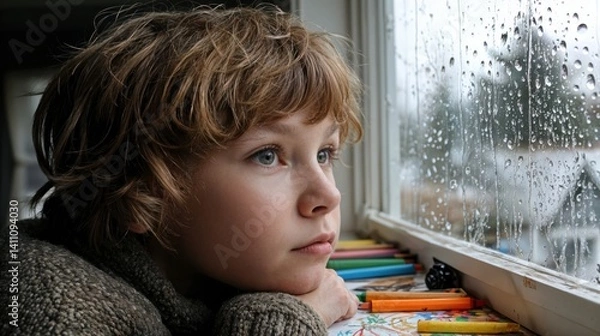 Obraz A young child gazes thoughtfully through a window, captivated by the rhythmic fall of raindrops. Crayons rest nearby, hinting at untapped creativity amidst the gloomy day.