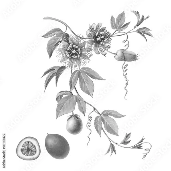 Obraz Passion Fruit or Passiflora Edulus hand-drawn pencil illustration isolated on white with clipping path