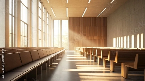 Obraz Modern Lecture Hall Interior with Natural Lighting and Wooden Seating
