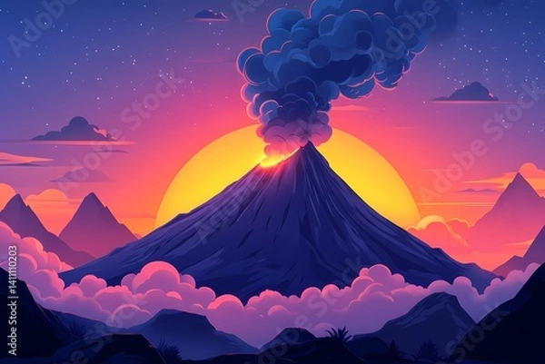 Obraz Strong Volcano Eruption at Sunset. Dramatic Skyline with Vibrant Colors and Fiery Atmosphere in Mystical Digital Art Illustration Landscape