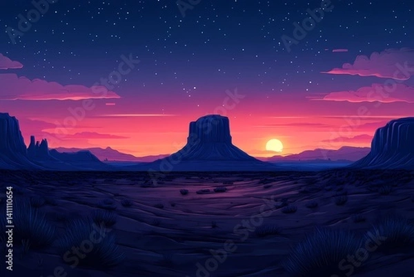Fototapeta Serene Sunset in Monument Valley. Dramatic Desert Landscape with Violet and Orange Sky