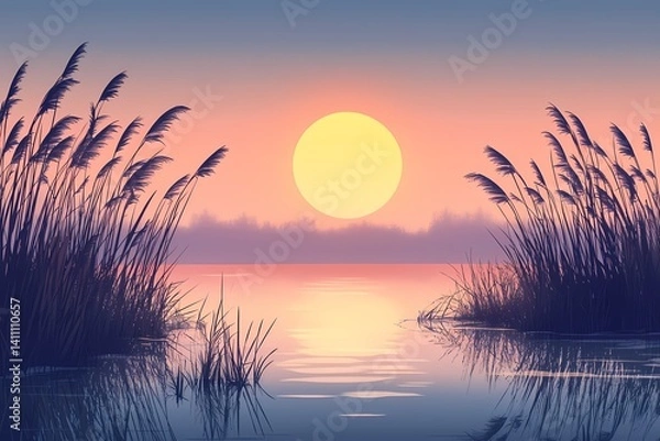Obraz Calm Sunset Reflections on Water with Reeds Silhouettes. Tranquil Nature Scene in Misty Twilight