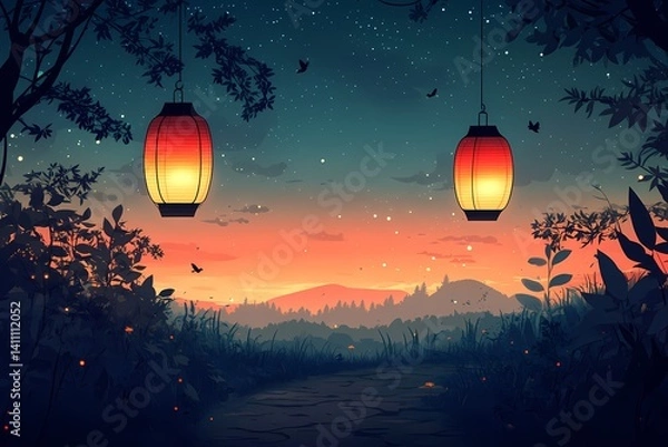 Fototapeta Decorative Lanterns Illuminate Tranquil Pathway at Sunset. Enchanting Twilight Landscape with Colorful Ambiance