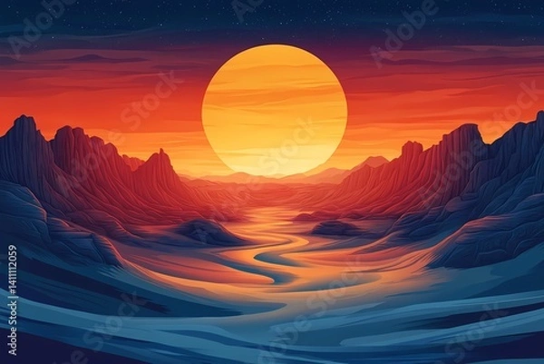 Fototapeta Vibrant Sunset Over Mountains. A Dreamlike Abstract Digital Art Illustration with Pastel Colors and Beautiful Reflection in River Valley