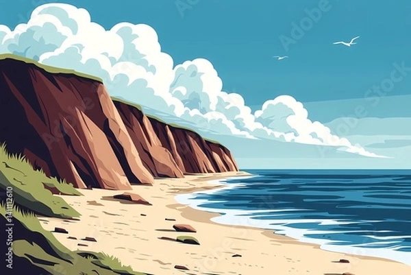 Fototapeta Sunny Coastal Cliffs and Vibrant Ocean Scenery. Idyllic Beach Landscape with Waves and Tranquil Horizon