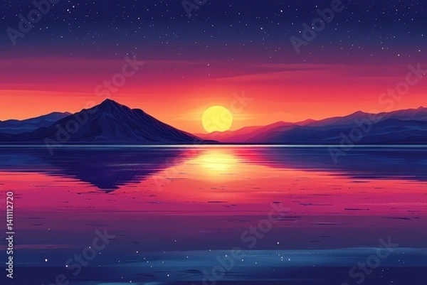 Fototapeta Tranquil Sunset Reflection over Mountainscape. Vibrant Digital Art with Colorful Water and Night Sky Silhouettes in a Serene Landscape