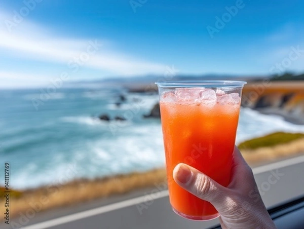 Obraz A refreshing drink is held against a scenic coastal backdrop, showcasing the beauty of nature and relaxation.