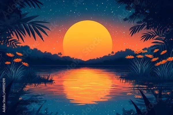 Fototapeta Breathtaking Sunset Landscape with Vibrant Reflections in a Serene Tropical Setting Digital Art Fantasy Scenery
