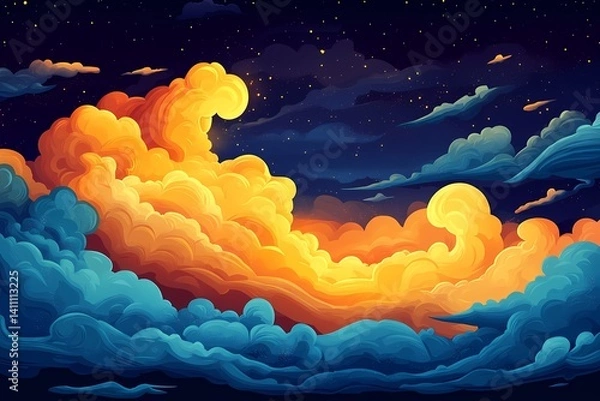 Fototapeta Vibrant Digital Art Illustration of Night Sky Clouds. A Colorful and Dreamy Abstract Artwork with Moody Orange and Blue Hues