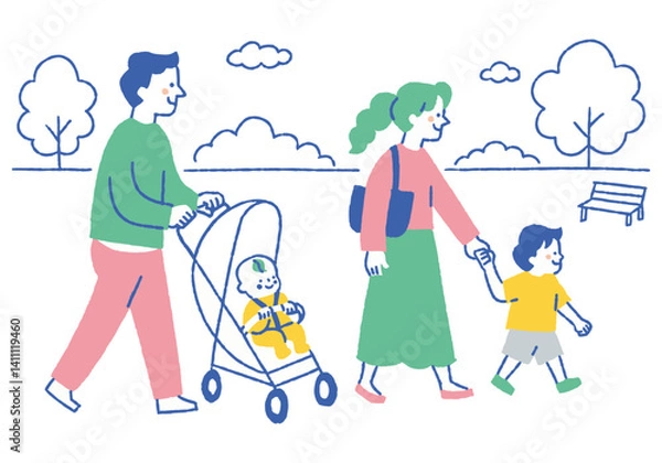 Fototapeta A family of four strolling in the park_Color