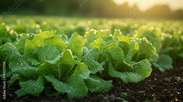 Obraz Morning dew on fresh lettuce plants in a vibrant field nature close-up serene atmosphere