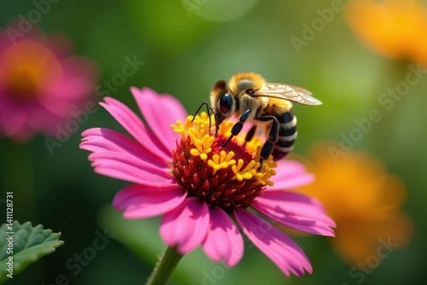 Fototapeta A bee collecting nectar from a colorful flower, bees, flowers