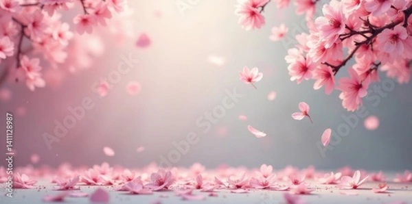 Fototapeta abstract pink sakura petals fall in a swirling motion against a muted gray and beige backdrop, sakura, season