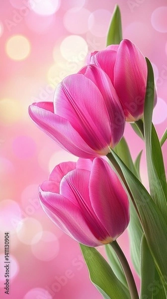 Fototapeta Vibrant pink tulips bloom against a soft, dreamy background of blush and golden bokeh, creating a romantic and delicate floral composition that celebrates spring's tender beauty.